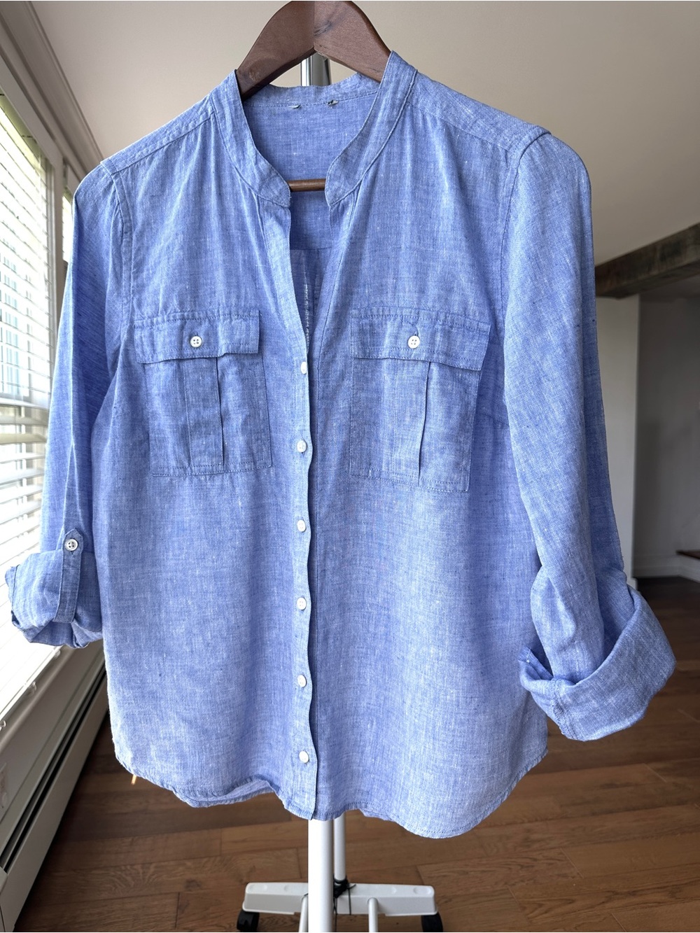 L.L. Bean Blue Button-Front Shirt, Roll-tab Sleeves, Relaxed Fit, 💯 Linen